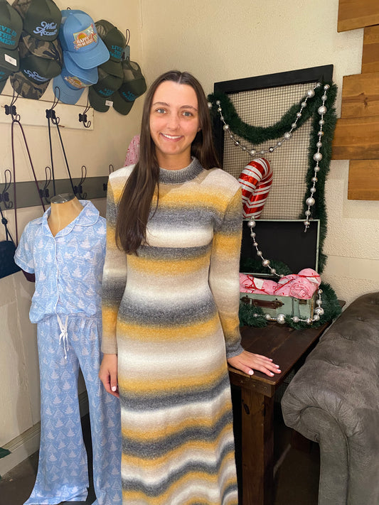 golden striped sweater dress
